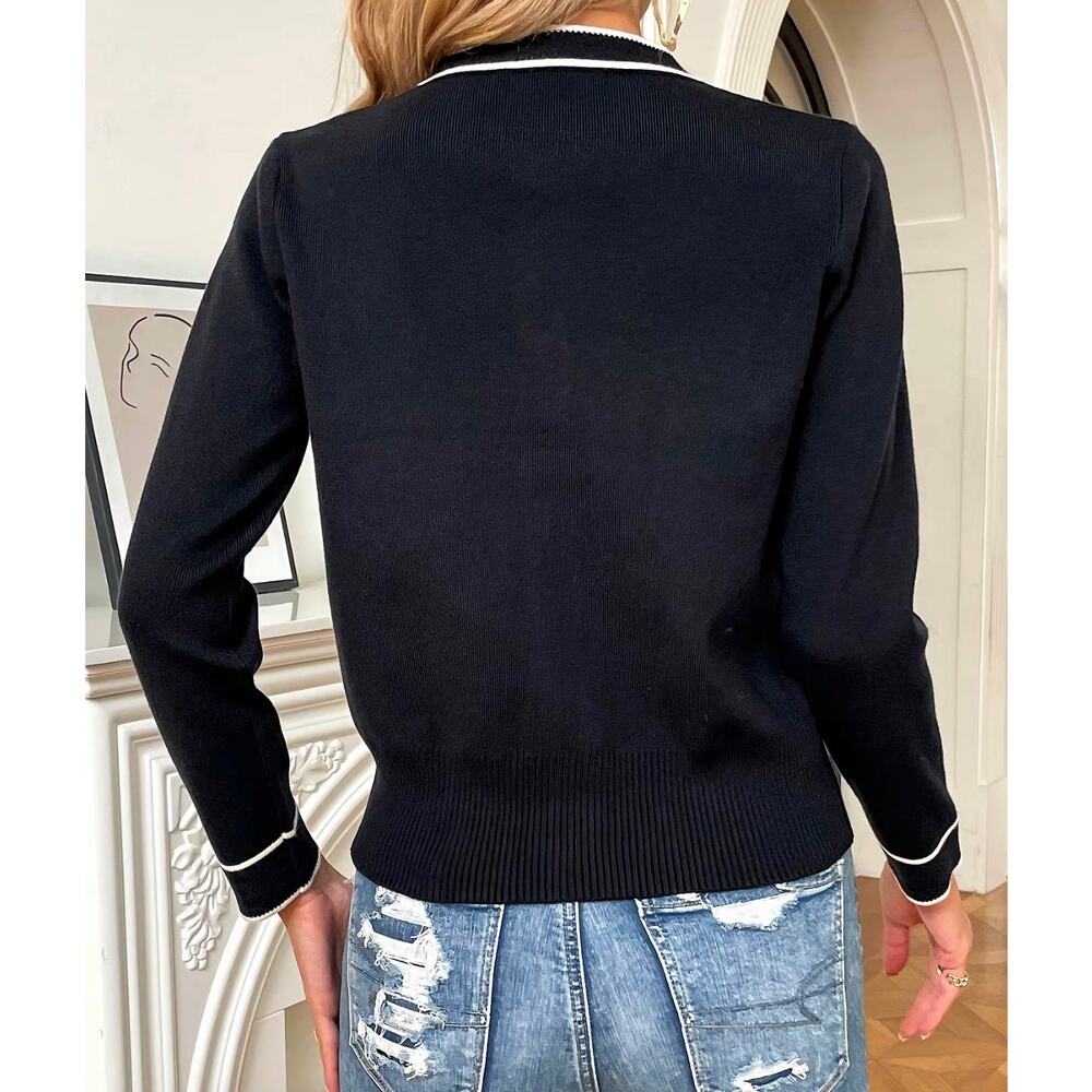 Knit Mix Frenchy Black Contrast Trim Cardigan Size XL Gold Button Sweater - Picture 3 of 12